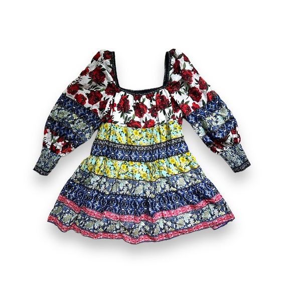 Alice + Olivia Dresses & Skirts - Floral Tiered Puff-Sleeve Mini Dress - Red, Blue & Yellow